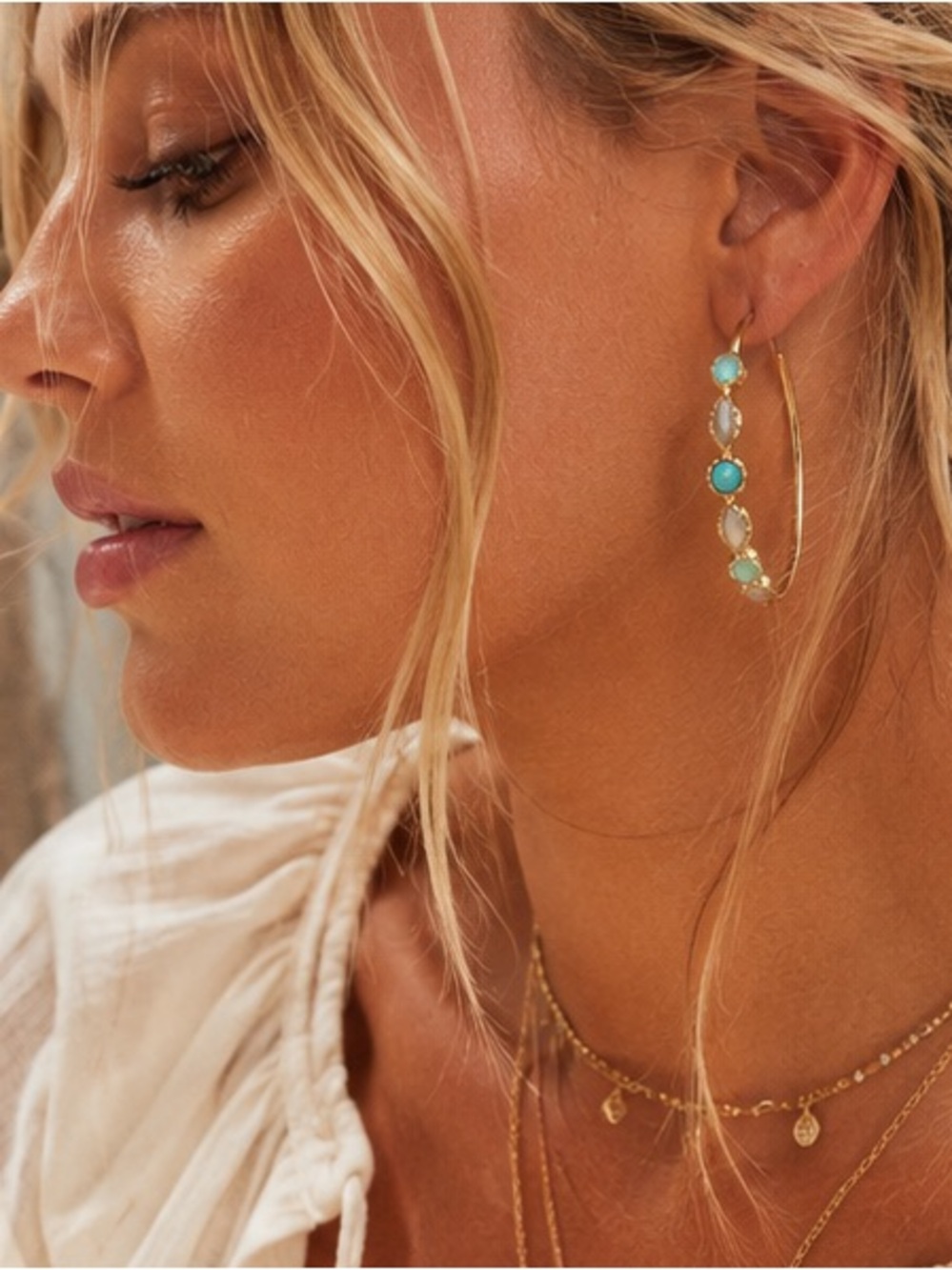 Boho Turquoise Stone Gold Hoop Earrings | Lightweight Statement Hoops - Picture 2 of 4